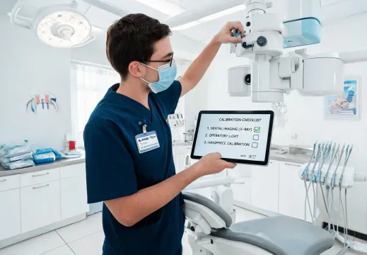 Dental service technician calibrating equipment